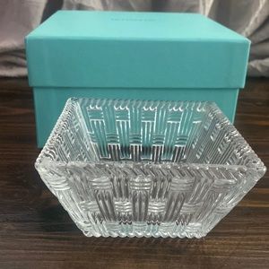 Tiffany & Co Basketweave Design Clear Crystal Square Bowl and original box.